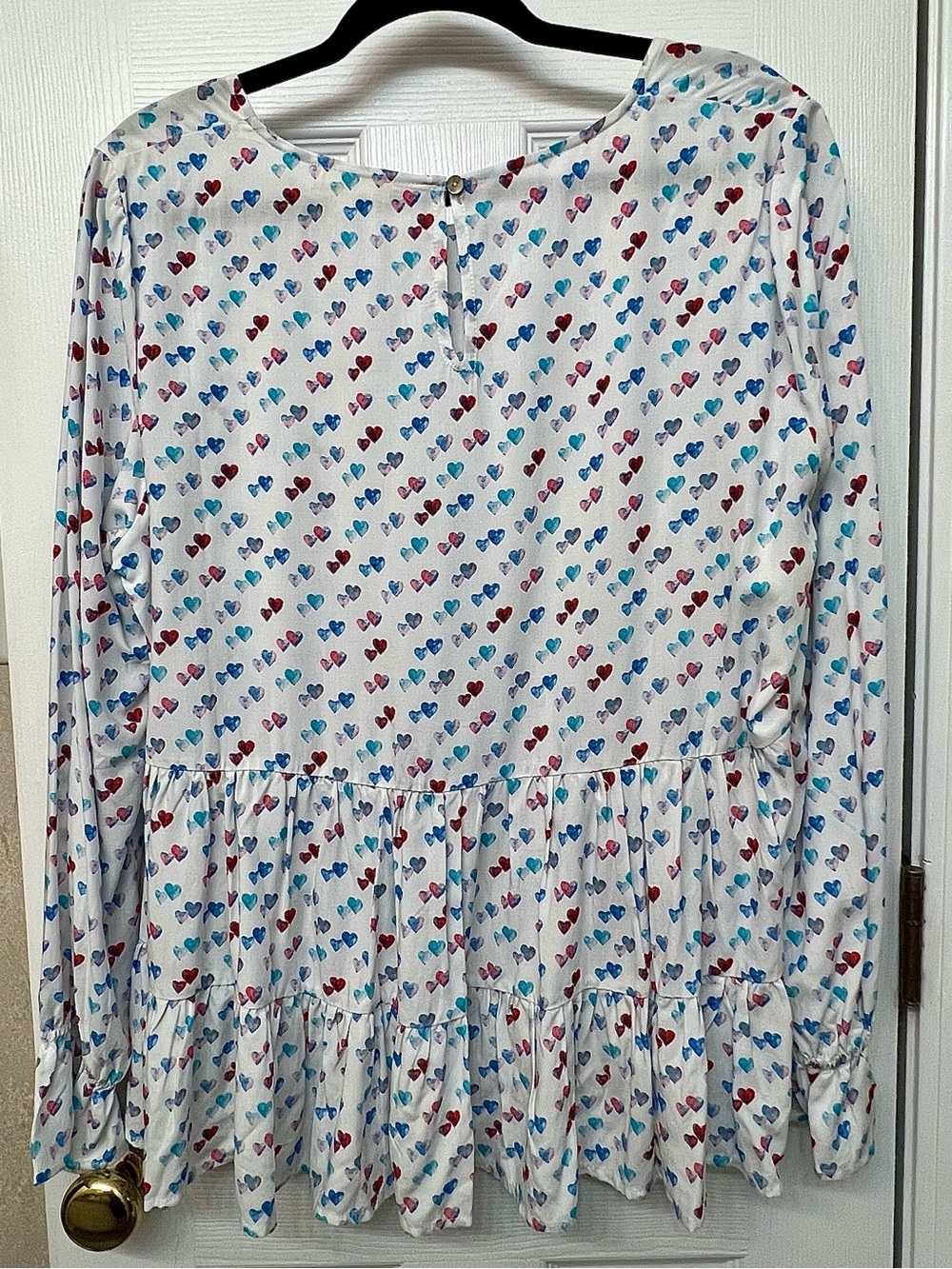 Women's White Multi-Colored Heart Long Sleeve Peplum Top - Picture 3 of 5
